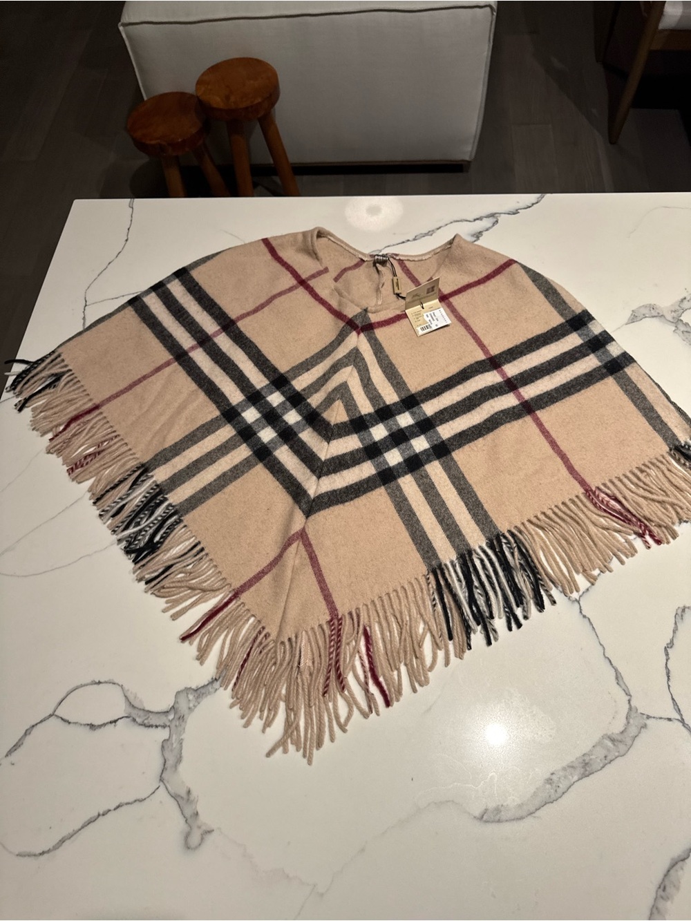 Burberry Beige Check Cashmere Fringe Poncho